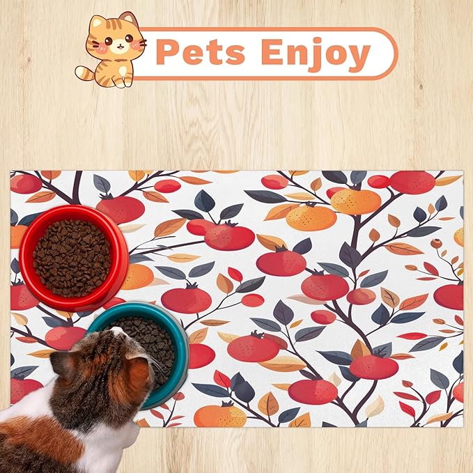 Pomegranate Dog Food Mat for Floors Absorbent Dog Bowl Mat for Food and Water Dispenser Quick Dry Cat Food Placemat Pet Supplies 16" x 24", Tree