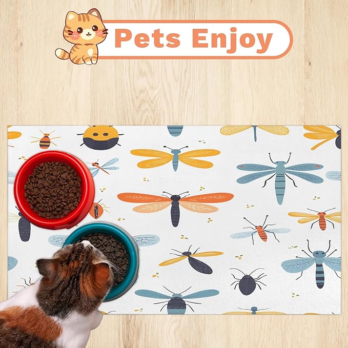 Boho Dragonfly Dog Food Mat for Floors Absorbent, Quick Dry Water Dispenser Mat for Food, Water, Pet Supplies 24" x 32", Colorful Dragonflies