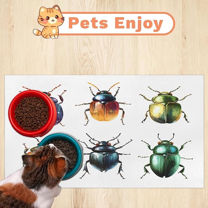 Vintage Ladybirds Dog Food Mat for Floors Absorbent, Quick Dry Water Dispenser Mat for Food, Water, Pet Supplies 16" x 24", Colorful Animal