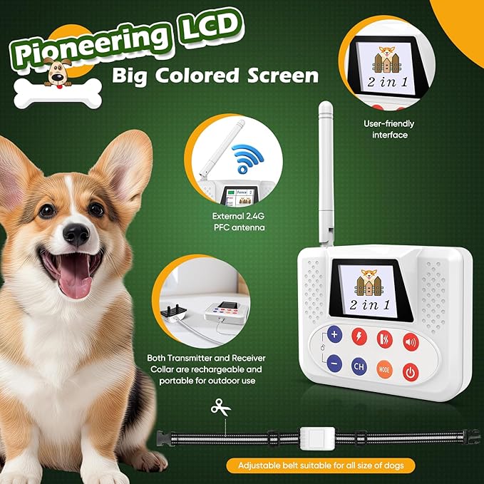 Wireless Fence for Dogs, Electric Dog Fence with Training Collar, Portable Dog Containment System with LCD Screen, Accurate 2.4G Signal, 100% Safe Adjustabl for Medium Large Small Dogs