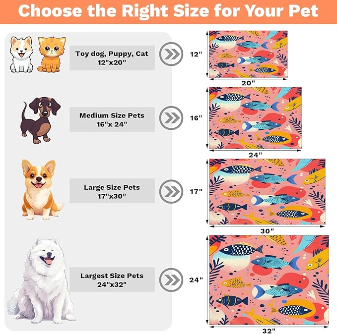 Tropical Fish Dog Food Mat for Floors Absorbent Dog Bowl Mat for Food and Water Dispenser Quick Dry Cat Food Placemat Pet Supplies 17" x 30", Coral