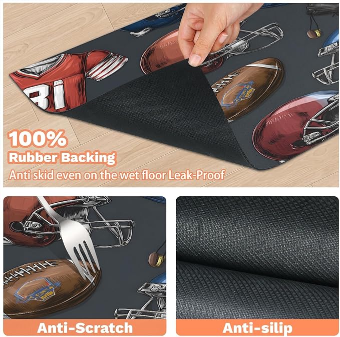 Football Baseball Dog Food Mat for Floors Absorbent, Quick Dry Water Dispenser Mat for Food, Water, Pet Supplies 17" x 30", Sports Theme
