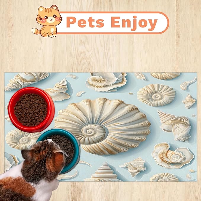 Seashell Dog Food Mat for Floors Absorbent Dog Bowl Mat for Food and Water Dispenser Quick Dry Cat Food Placemat Pet Supplies 16" x 24", Nautical Coastal