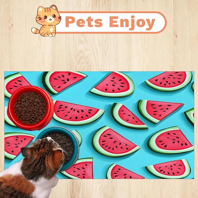Red Watermelon Dog Food Mat for Floors Absorbent Dog Bowl Mat for Food and Water Dispenser Quick Dry Cat Food Placemat Pet Supplies 12" x 20", Summer Fruits