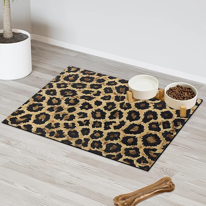 Leopardprint Dog Food Mat for Floors Absorbent Dog Bowl Mat for Food and Water Dispenser Quick Dry Cat Food Placemat Pet Supplies 12" x 20", Wild Safari Skin