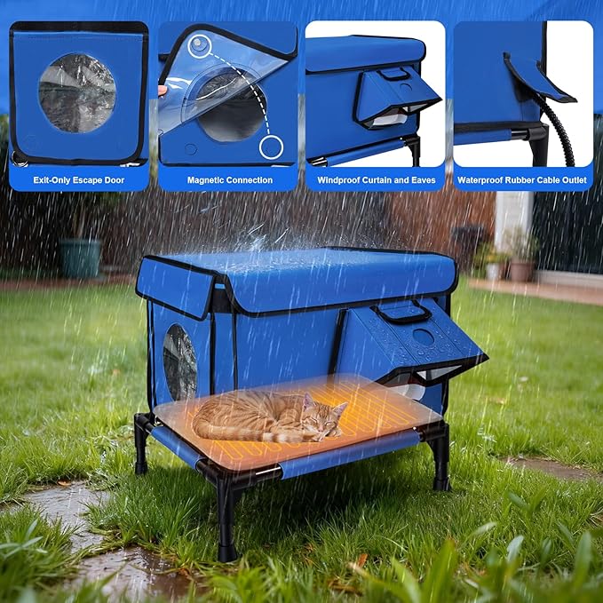 Heated Outdoor Cat House Weatherproof, Small/Large Insulated Cat House for Indoor, Winter Stray/Feral Cat Shelter (Blue Cat Shelter, Small-17×13"×12")
