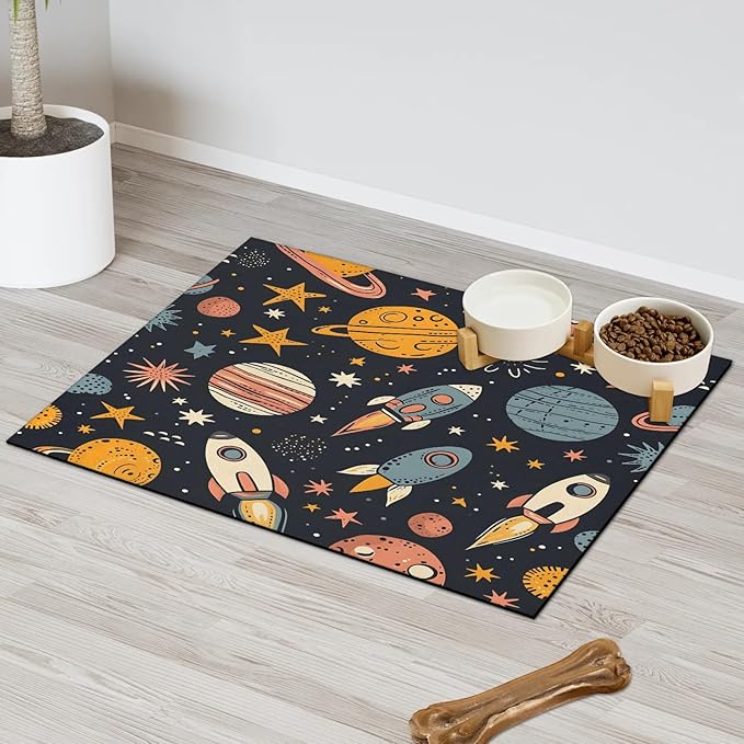 Space Rocket Dog Food Mat for Floors Absorbent, Quick Dry Water Dispenser Mat for Food, Water, Pet Supplies 16" x 24", Cartoon Planet