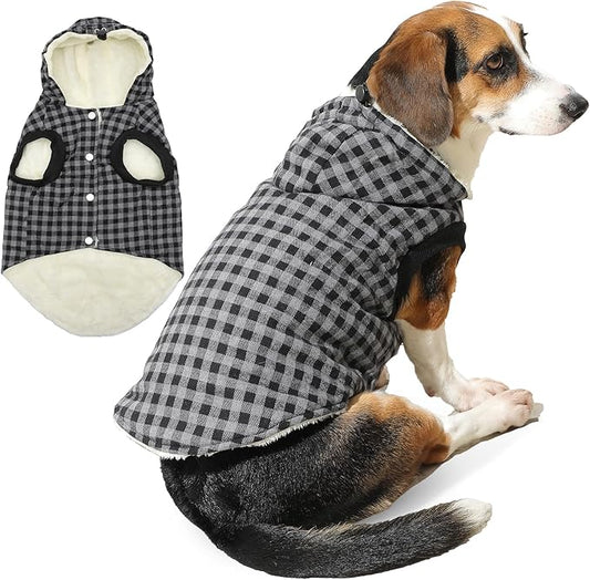 Fleece Lining Dog Hoodie for Medium Dogs Extra Warm Plaid Sweater with Drawstring Hooded Coats in Winter Doggie Jacket,Black XL