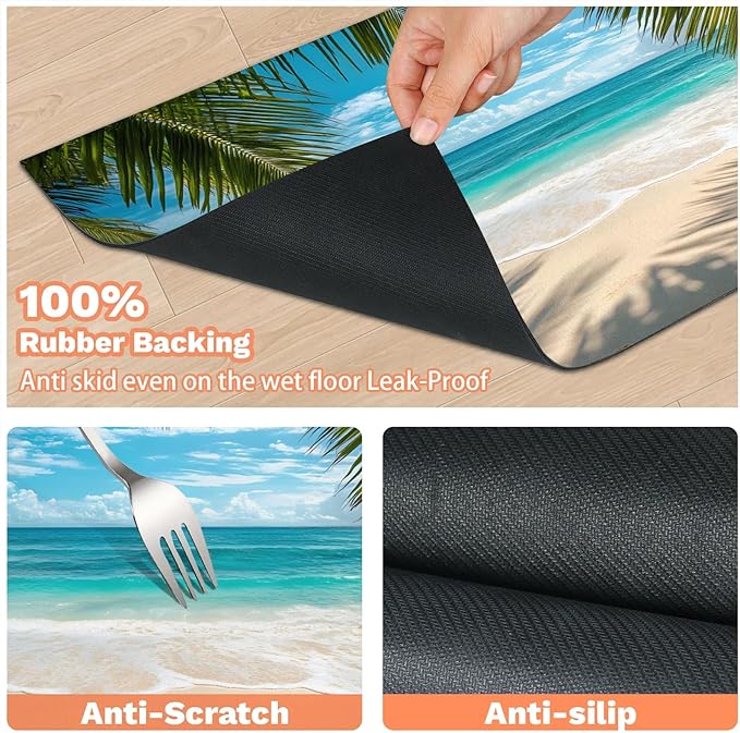Tropical Beach Dog Food Mat for Floors Absorbent, Quick Dry Water Dispenser Mat for Food, Water, Pet Supplies 24" x 32", Summer Seaside