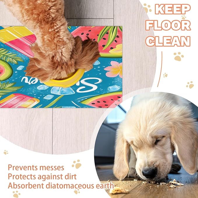 Summer Watermelon Dog Food Mat for Floors Absorbent Dog Bowl Mat for Food and Water Dispenser Quick Dry Cat Food Placemat Pet Supplies 12" x 20", Ice Cream