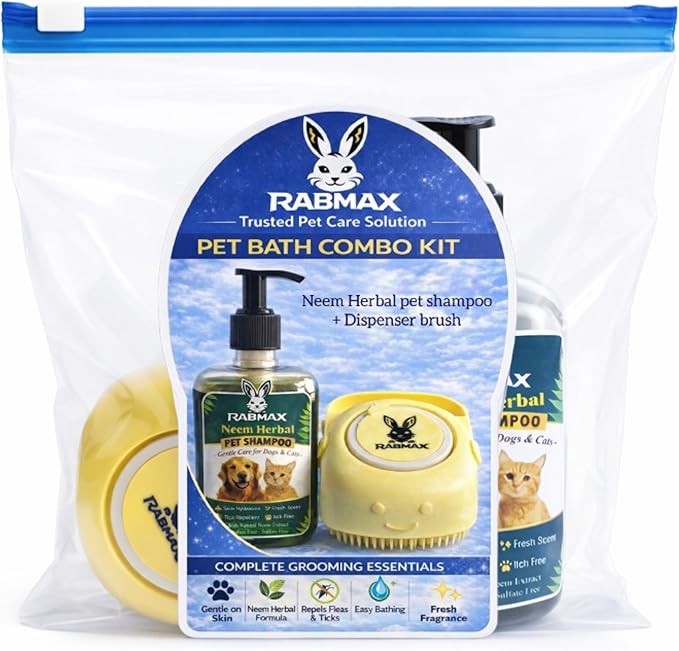 Pet Bath Combo kit-Neem Herbal Shampoo & Silicone Dispenser Brush with Reusable Zip-Lock Bag | Dog cat Grooming Supplies for Gentle Skin Care, Easy Bathing Solution