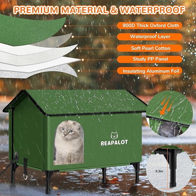 REAPALOT Heated Cat House for Outside Cat in Winter, Insulated Outdoor Feral Cat Shelter with Cat Heating Pad, Elevated Heated Kitty House for Multiple Cats (Green, L(24.4"x16.9"x24.4"))