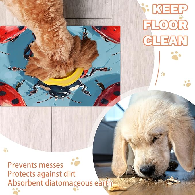 Ladybird Dog Food Mat for Floors Absorbent, Quick Dry Water Dispenser Mat for Food, Water, Pet Supplies 24" x 32", Black Red Ladybird