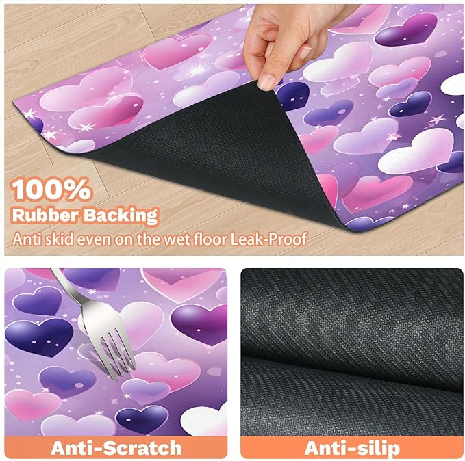 Valentine's Day Dog Food Mat for Floors Absorbent, Quick Dry Water Dispenser Mat for Food, Water, Pet Supplies 16" x 24", Pink Purple Heart
