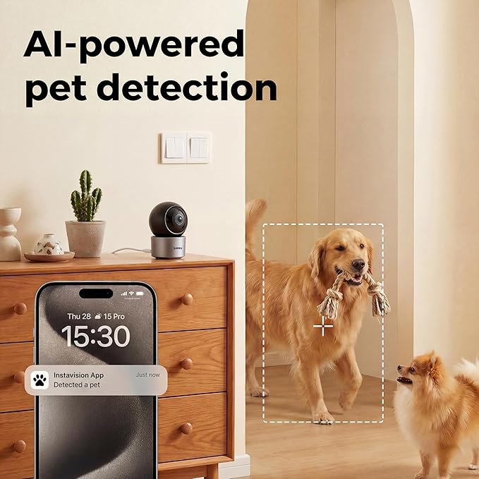 AI Pet Camera, 2K 3MP Dog Camera with AI Multi-Pet Recognition & Behavior Analysis, 360° View Cat Monitor, Dual-Band WiFi, Gray
