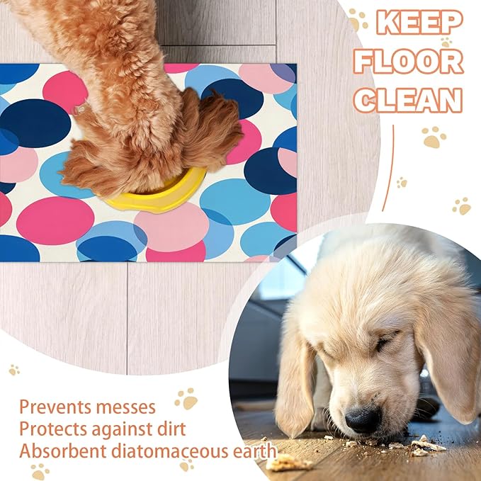 Polka Dot Dog Food Mat for Floors Absorbent Dog Bowl Mat for Food and Water Dispenser Quick Dry Cat Food Placemat Pet Supplies 24" x 32", Boho Circle