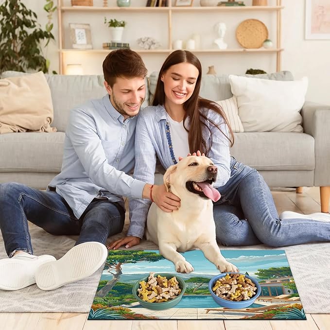 Swimming Pool Dog Food Mat for Floors Absorbent, Quick Dry Water Dispenser Mat for Food, Water, Pet Supplies 12" x 20", Mountain Fore