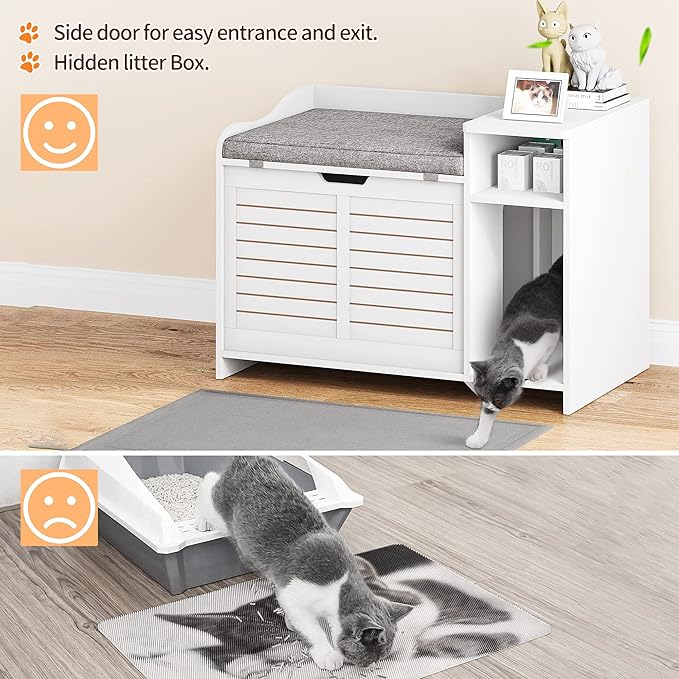 Cat Litter Box Enclosure, Litter Box Enclosure with Top Opening with Cushion, Cat Litter Box Cabinet Furniture Hidden, Litter Box Hidden, Cat House, White Medium