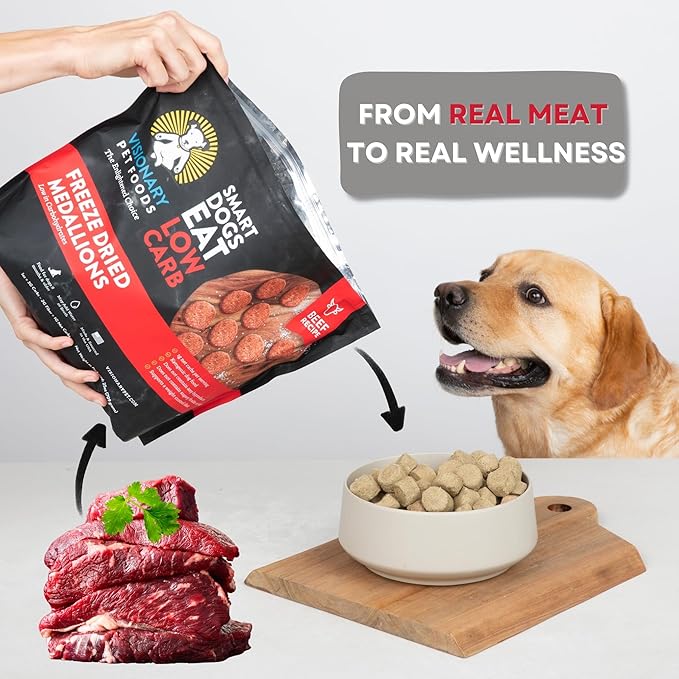 Visionary Pet Foods Low Carb Keto Dry Dog Food – Freeze Dried Raw Real Beef, <1g Net Carbs Per Cup, Grain Free High Protein, Diabetic Friendly, Natural Dog Food Made in USA, 25 oz