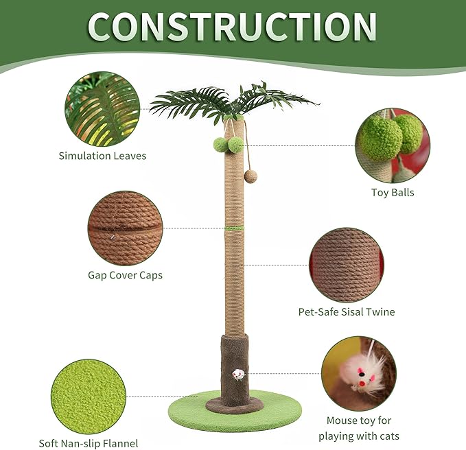 RPZ Palm Tree Cat Scratching Post for Indoor Cats, Tall Sisal Cat Scratcher Tree with Sturdy Base, Cute Cat Scratch Post for Kittens & Adult Cats
