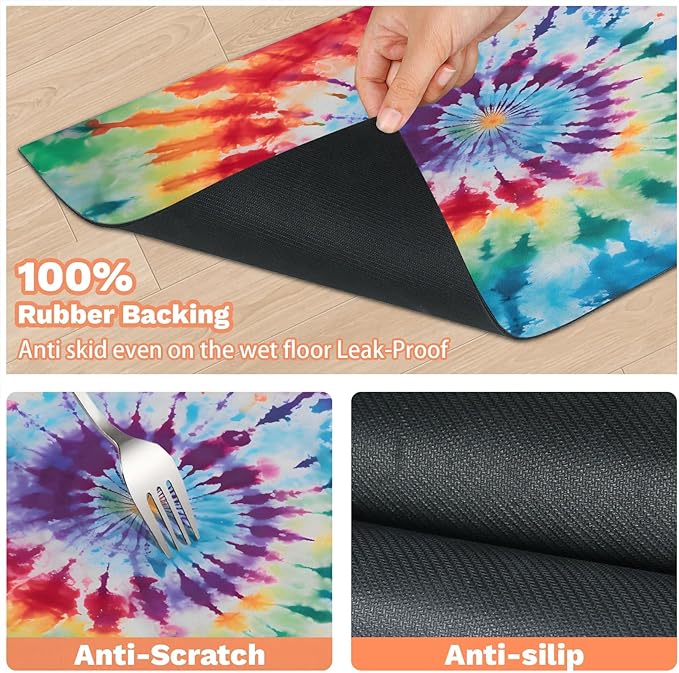 Tie Dye Dog Food Mat for Floors Absorbent, Quick Dry Water Dispenser Mat for Food, Water, Pet Supplies 24" x 32", Boho Rainbow