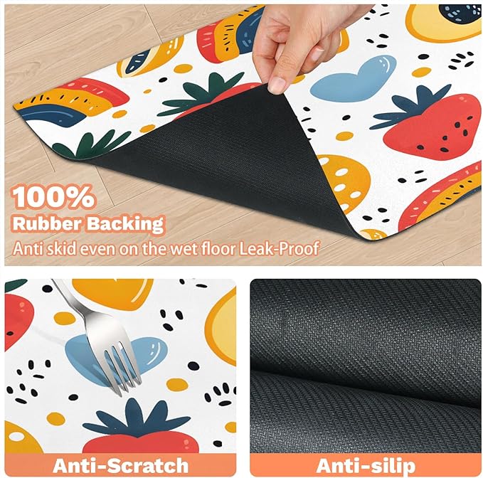 Boho Strawberry Dog Food Mat for Floors Absorbent Dog Bowl Mat for Food and Water Dispenser Quick Dry Cat Food Placemat Pet Supplies 12" x 20", Colorful Rainbow