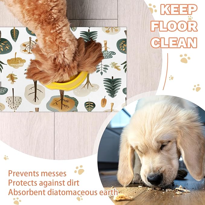 Tree Dog Food Mat for Floors Absorbent, Quick Dry Water Dispenser Mat for Food, Water, Pet Supplies 17" x 30", Plant
