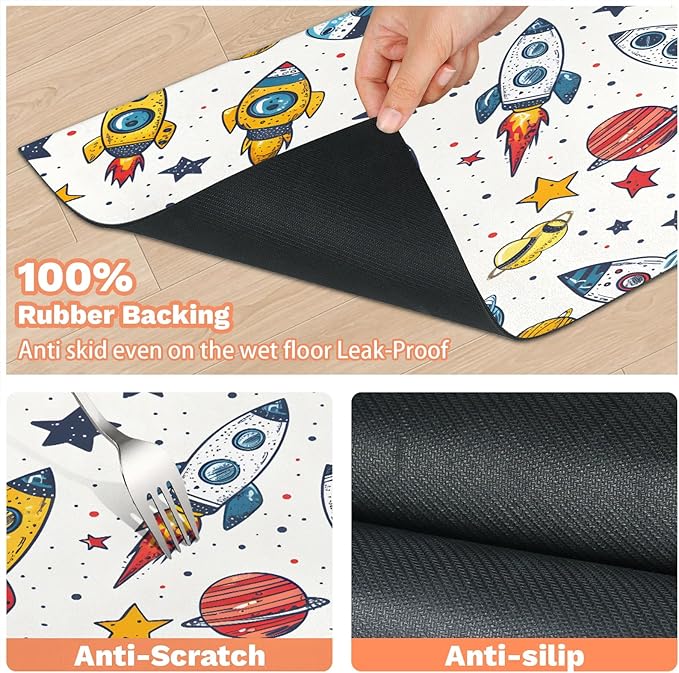 Rocket Dog Food Mat for Floors Absorbent, Quick Dry Water Dispenser Mat for Food, Water, Pet Supplies 24" x 32", Outer Space
