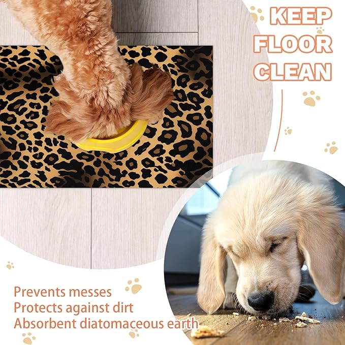 Leopard Print Dog Food Mat for Floors Absorbent Dog Bowl Mat for Food and Water Dispenser Quick Dry Cat Food Placemat Pet Supplies 17" x 30", Wild Animal Skin