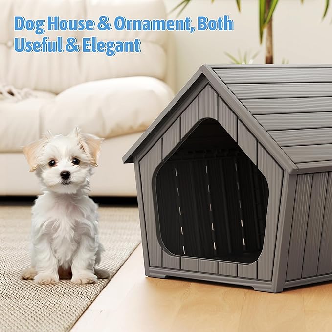 Fancyango Dog House Outdoor Indoor for Small Dogs - Plastic Pet Shelter, Easy-Assemble & Weather-Resistant for Living Room, Balcony (Classic Grey, 23.43" L×22.44" W×22.24" H)