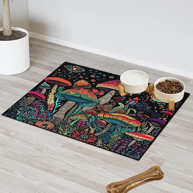 Retro Mushroom Dog Food Mat for Floors Absorbent Dog Bowl Mat for Food and Water Dispenser Quick Dry Cat Food Placemat Pet Supplies 17" x 30", Garden Plant