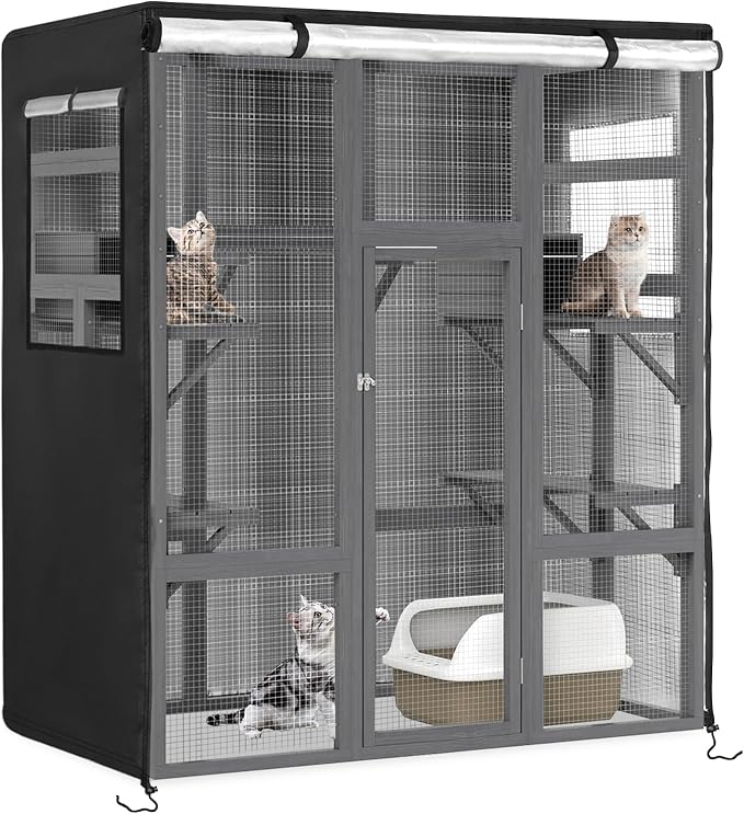 Catio Cover,64"L x 34"W x 71"H Cover for Catio Outdoor Cat Enclosure Waterproof, 420D Cat Cage Covers for Nyeekoy Large Wood Catios, Outdoor Cats Enclosure Covers(Black)(Catios Not Included)