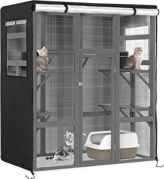 Catio Cover,64"L x 34"W x 71"H Cover for Catio Outdoor Cat Enclosure Waterproof, 420D Cat Cage Covers for Nyeekoy Large Wood Catios, Outdoor Cats Enclosure Covers(Black)(Catios Not Included)