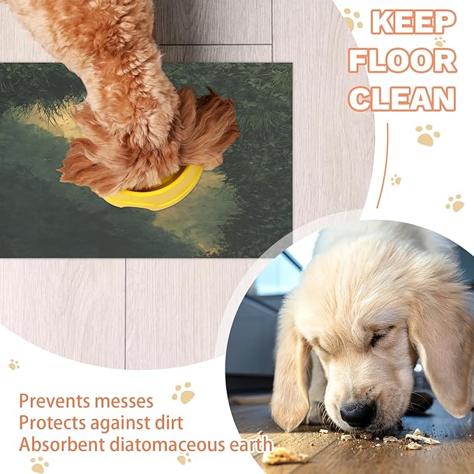 Grass Dog Food Mat for Floors Absorbent, Quick Dry Water Dispenser Mat for Food, Water, Pet Supplies 16" x 24", Forest