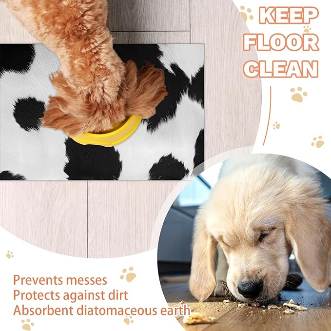Milk Cow Print Dog Food Mat for Floors Absorbent Dog Bowl Mat for Food and Water Dispenser Quick Dry Cat Food Placemat Pet Supplies 24" x 32", Black White