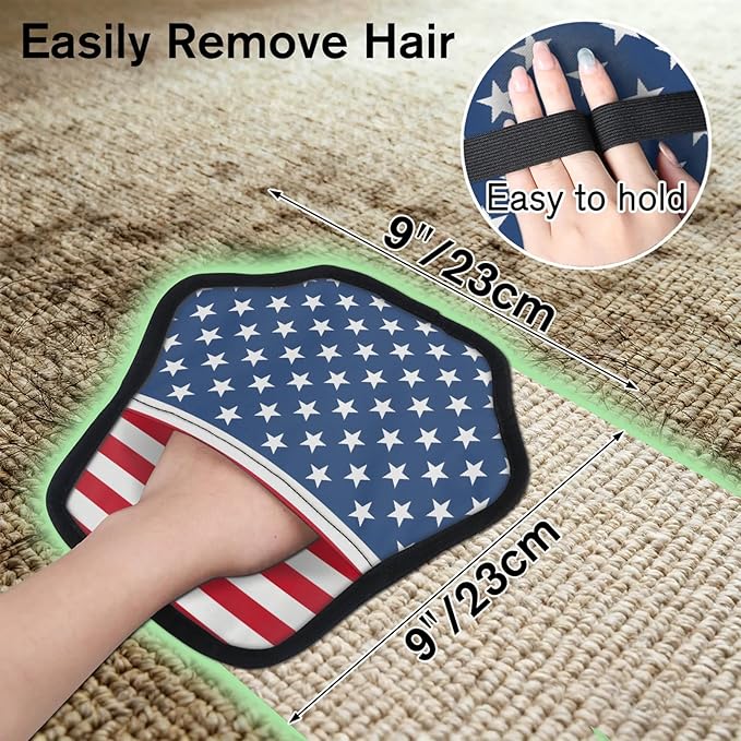 Stars Stripes Electrostatic Pet Hair Removal Glove for Cats & Dogs - Reusable Grooming Mitt for Couch, Carpet, Car Seat & Laundry - Large 9x9 Inch