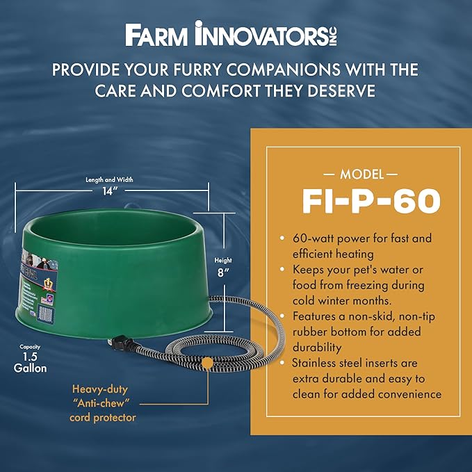 Farm Innovators P-60 1.5 Gallon 60 Watt Electric Heated Pet Water Bowl with Thermostatic Control and Anti Chew Cord, Green (2 Pack)