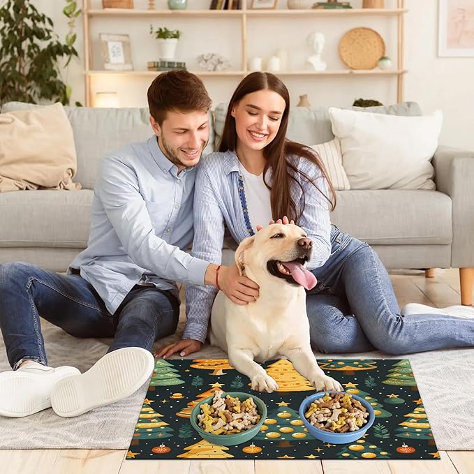 Christmas Trees Dog Food Mat for Floors Absorbent, Quick Dry Water Dispenser Mat for Food, Water, Pet Supplies 12" x 20", Xmas Tree