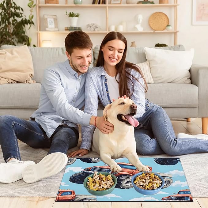 Truck Cars Dog Food Mat for Floors Absorbent, Quick Dry Water Dispenser Mat for Food, Water, Pet Supplies 12" x 20", Cool Vehicle