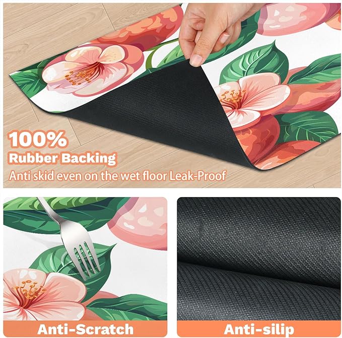 Peach Dog Food Mat for Floors Absorbent Dog Bowl Mat for Food and Water Dispenser Quick Dry Cat Food Placemat Pet Supplies 16" x 24", Flower