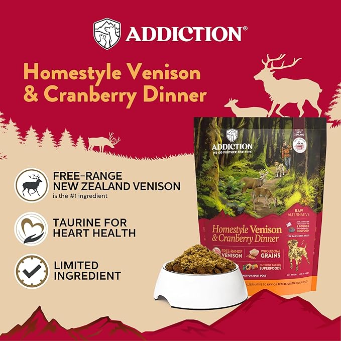 Addiction Homestyle Venison & Cranberry Dinner Air-Dried Grain-Free Dog Food – Complete Meal or Topper with Natural Ingredients for Digestive and Skin & Coat Health, 2lb - 4 Packs