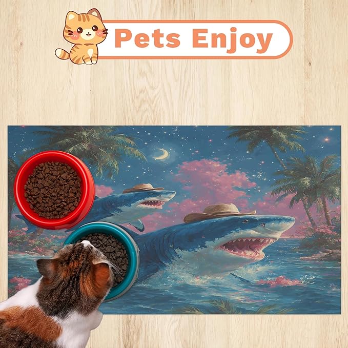 Ocean Sharks Dog Food Mat for Floors Absorbent Dog Bowl Mat for Food and Water Dispenser Quick Dry Cat Food Placemat Pet Supplies 17" x 30", Palm Tree