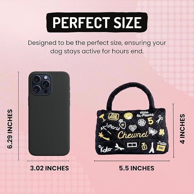 Dog Diggin Designs Chewnel Koko Paris Charme Plush Dog Toy Purse | Luxury-Inspired Parody Designer Handbag with Squeaker, Soft Plush Fashion Dog Toy – Haute Couture Purses & Handbags