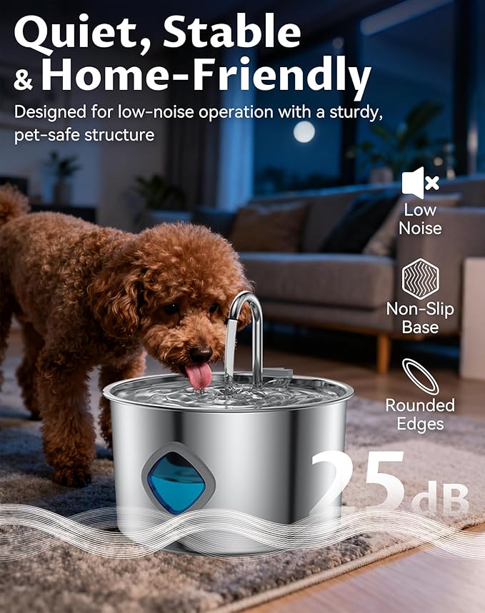 Dog Water Bowl, 3.2L Dog Water Fountain, Quad-Purification System and Continuous Circulating Water Flow,Stainless Steel Easy-to-Clean,Quiet Operation,Water Bowl for Dog Cat (Bowl+4Set Filter)