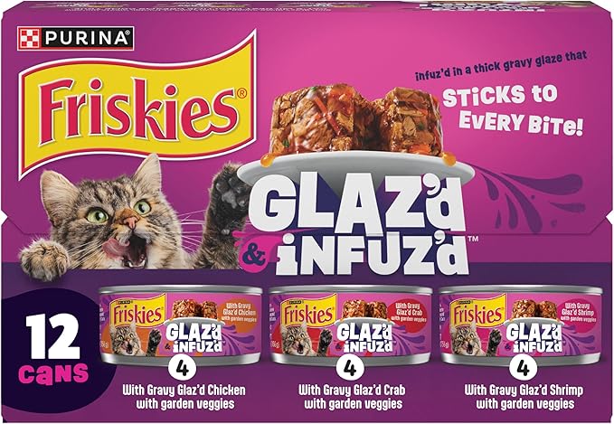Purina Friskies Glaz’d and Infuz’d Wet Cat Food Variety Pack with Chicken, Crab or Shrimp in Wet Cat Food Gravy - 5.5 Ounce (Pack of 12)