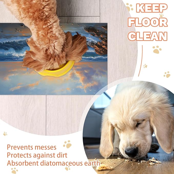 Beach Sunshine Dog Food Mat for Floors Absorbent, Quick Dry Water Dispenser Mat for Food, Water, Pet Supplies 12" x 20", Hawaii Seashore