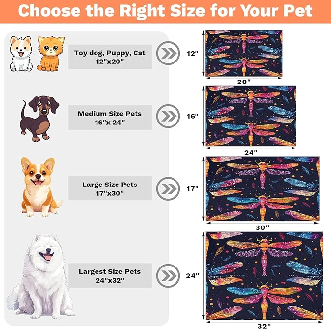 Watercolor Dragonfly Dog Food Mat for Floors Absorbent, Quick Dry Water Dispenser Mat for Food, Water, Pet Supplies 12" x 20",