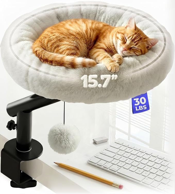 PetLovers Cat Desk Bed - Plush Elevated Desk Bed Attachment with Removable Washable Cushion, 360° Swivel Arm, Secure Clamp - Keeps Your Cat Close While You Work or Play