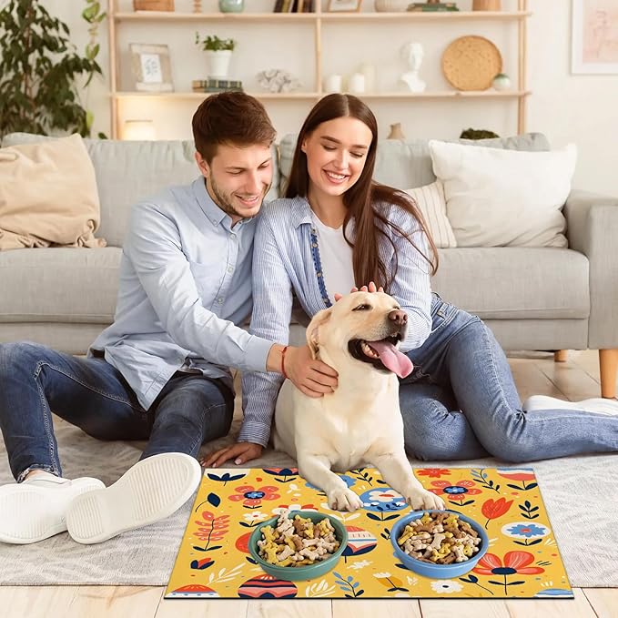 Spring Easter Dog Food Mat for Floors Absorbent Dog Bowl Mat for Food and Water Dispenser Quick Dry Cat Food Placemat Pet Supplies 24" x 32", Egg Flower