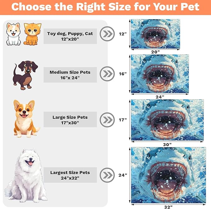 Sharks Dog Food Mat for Floors Absorbent Dog Bowl Mat for Food and Water Dispenser Quick Dry Cat Food Placemat Pet Supplies 16" x 24", Sea Ocean